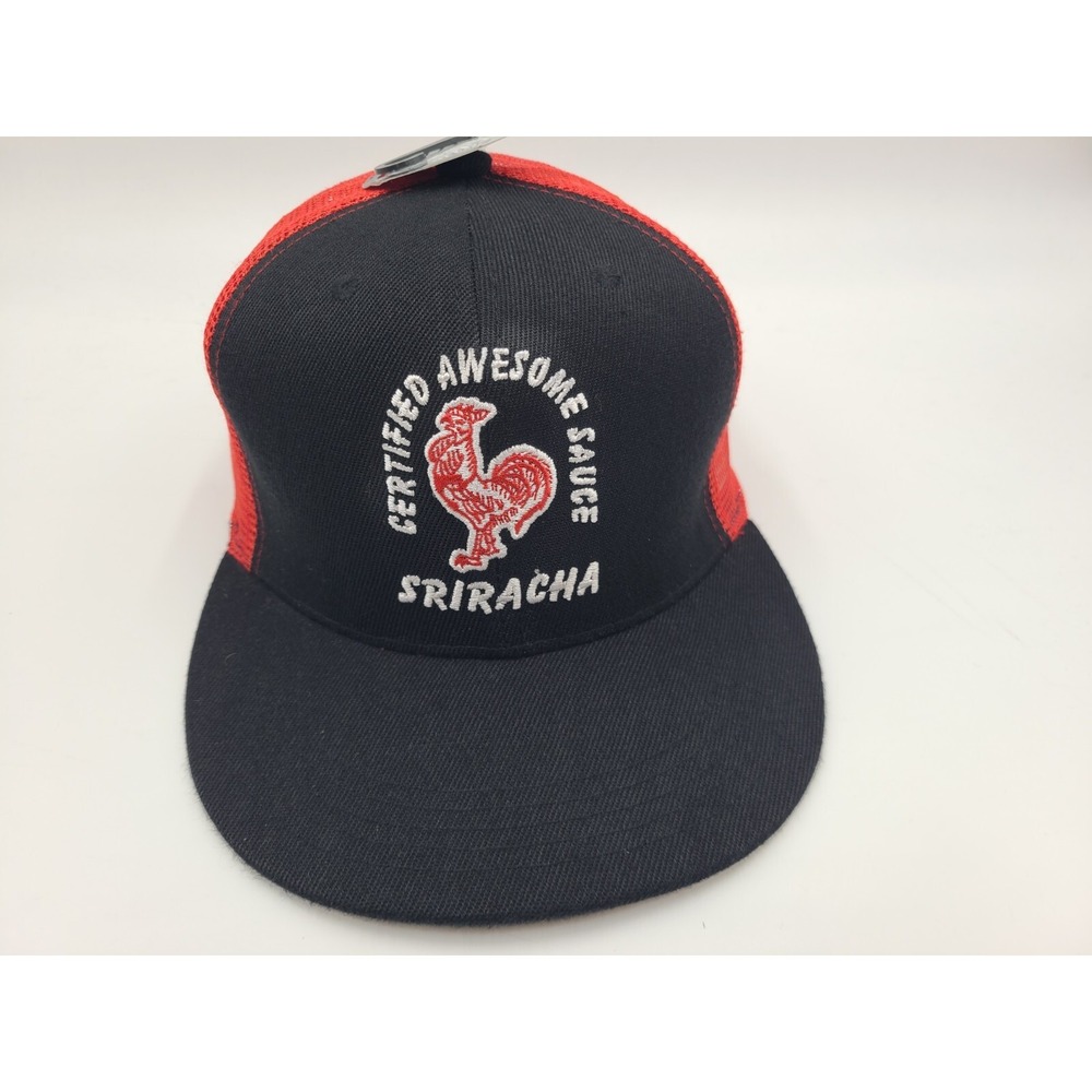 Sriracha Certified Awesome Sauce Rooster Mesh Trucker Snapback Hat Cap Black Red